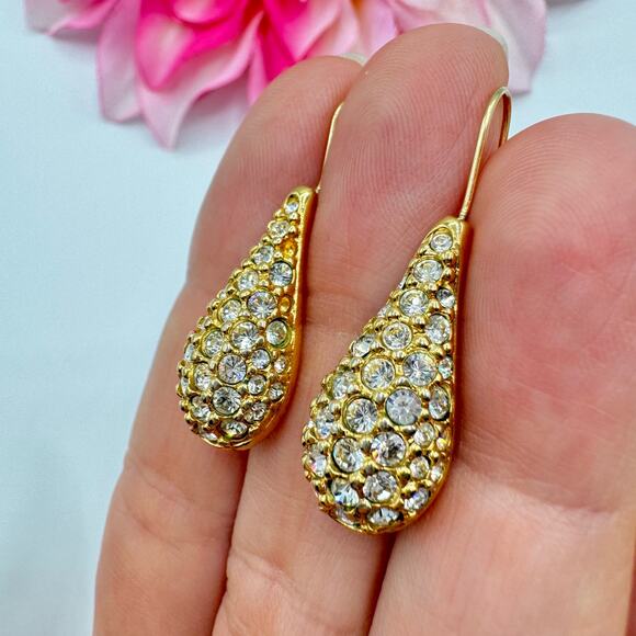 Vintage Swarovski Pave Teardrop Earrings Gold Filled Earwires Swan Signed Bridal - Picture 3 of 13